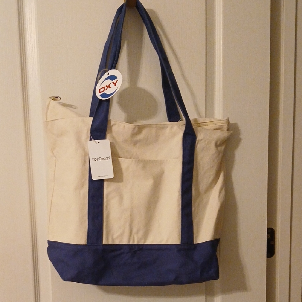 TOPDesign Reusable Canvas Tote Bag with Blue Accents